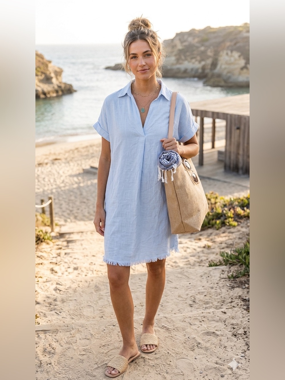 Umgee sky blue Linen/rayon V-Neck Collared Dress with High Low Frayed Hem S boho - Picture 1 of 10